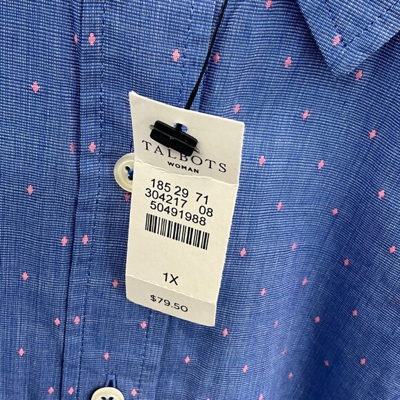 Talbots Woman 1X Blue Pink Polka Dot Button-Up Shirt Long Sleeve - Picture 5 of 6